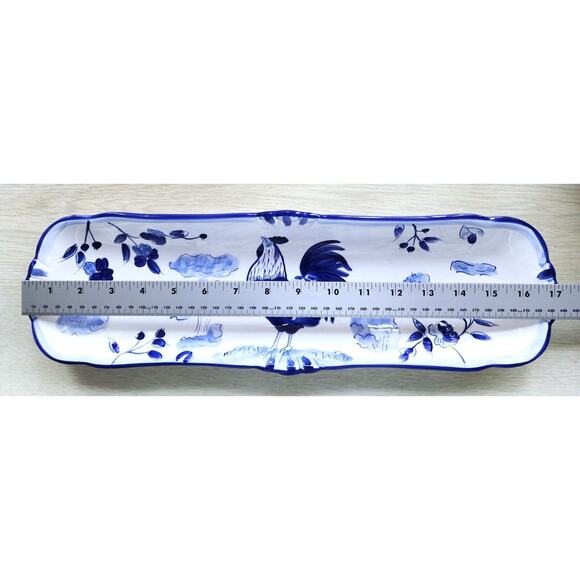 BREAD/SERVING DISH-CERTIFIED INTERNATIONAL-Blue White-Rooster-17" Long-5" Wide - Picture 9 of 10